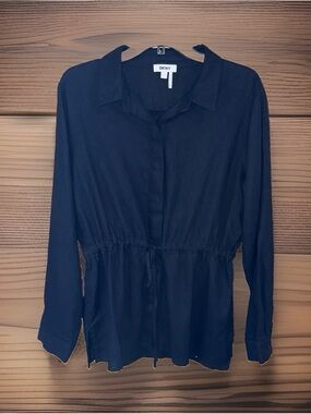 NwoT DKNY Black Linen Blend Long-Sleeve Drawstring Waist Button-Down Shirt-L